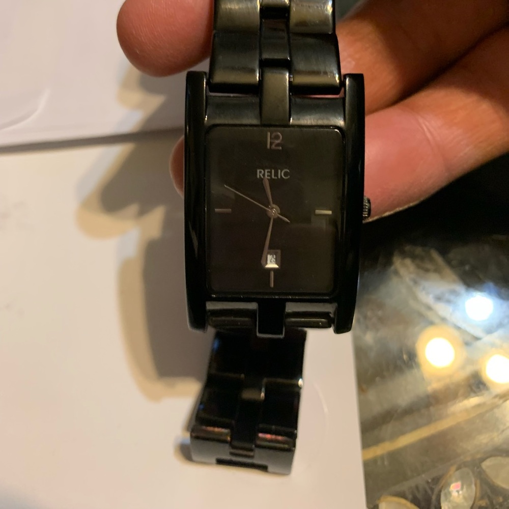 Relic Black metal band watch with diamond chip.